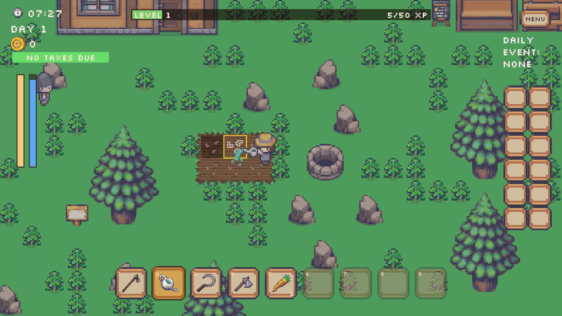 Rogue Farmer player watering a freshly tilled plot on day one