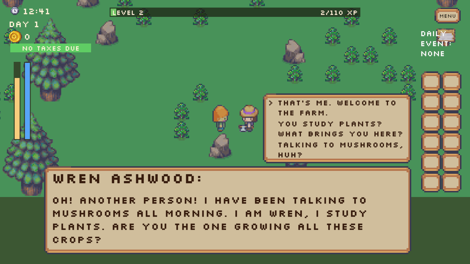 Rogue Farmer dialogue with Wren, a traveling NPC