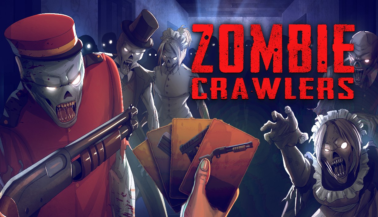 Zombie Crawlers capsule art of zombie hotel staff closing in on a hand holding weapon cards